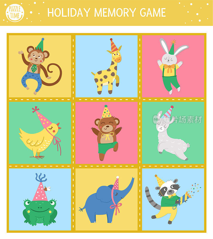 Vector Birthday memory game cards with traditional holiday symbols. Matching activity with funny characters. Remember and find correct card. Simple festive party printable worksheet for kids.
